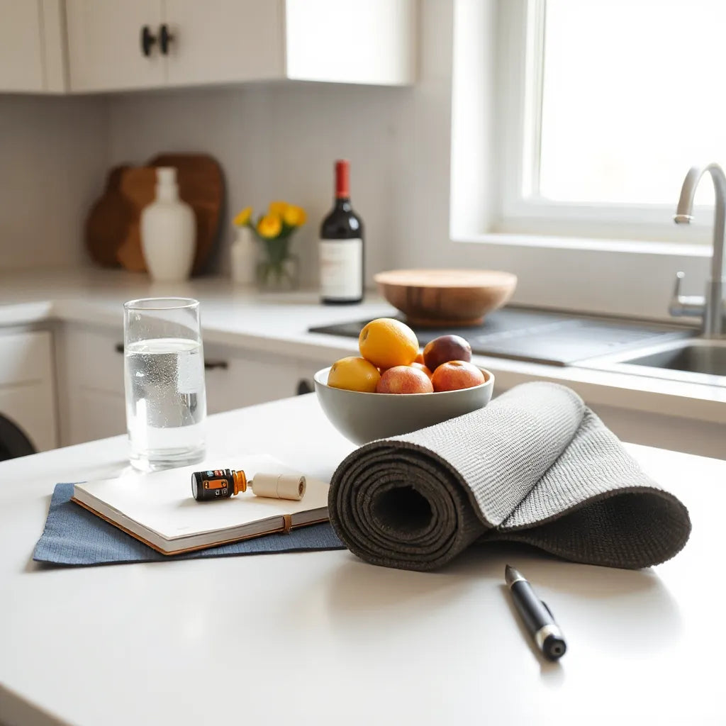 Morning wellness setup with water, fruit, journal, and yoga essentials on a clean counter