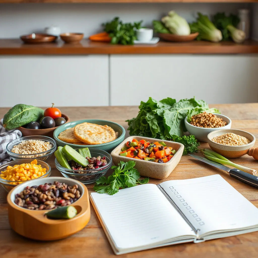 Fresh vegetarian meal prep ingredients and vegetables arranged on a kitchen table