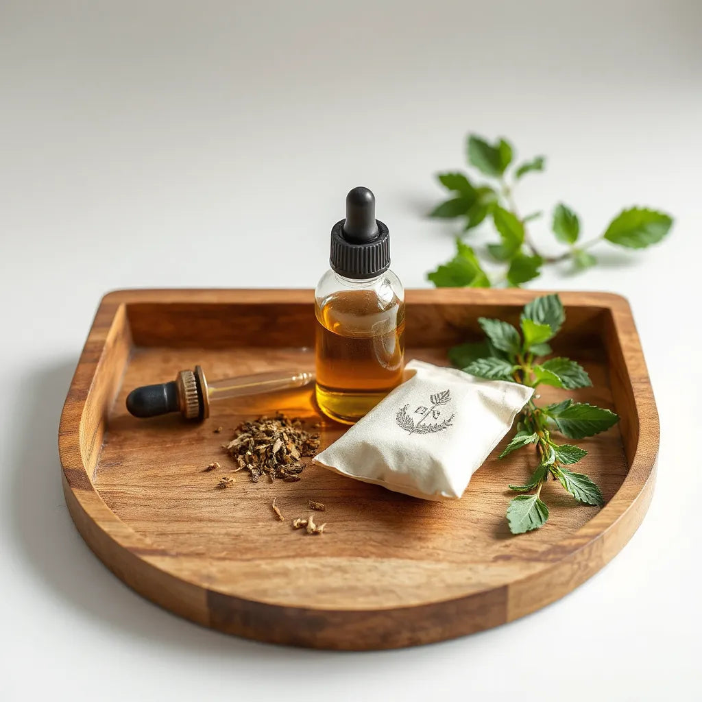 Herbal tincture bottle with dried herbs and fresh sprigs on a wooden tray in natural light