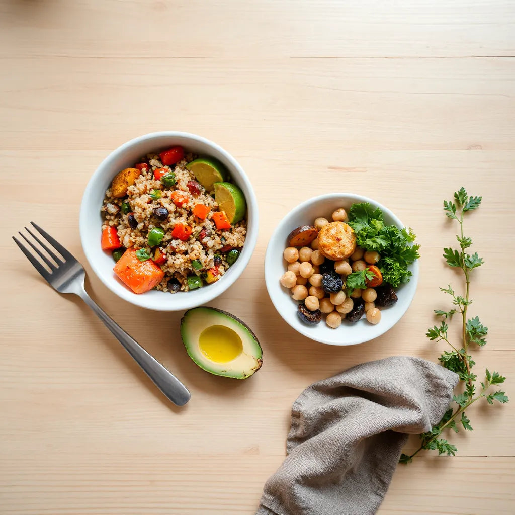 Colorful vegan bowl with quinoa, roasted vegetables, avocado, and a side salad on a wooden table